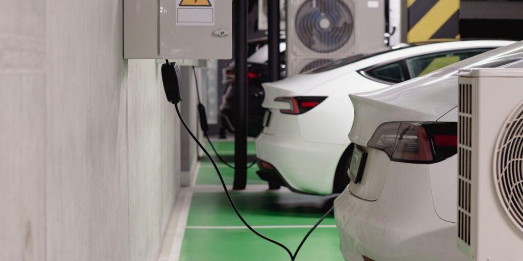 A row of modern electric cars